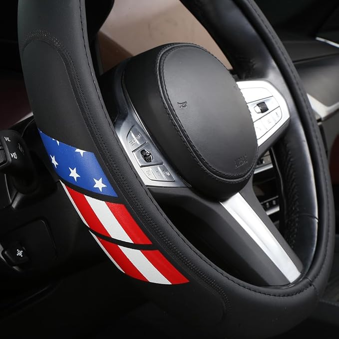 Microfiber Leather Steering Wheel Covers Compatible with Toyota 4Runner Tacoma Tundra Highlander Non-Slip, Breathable 15-16.5 inch - American Flag
