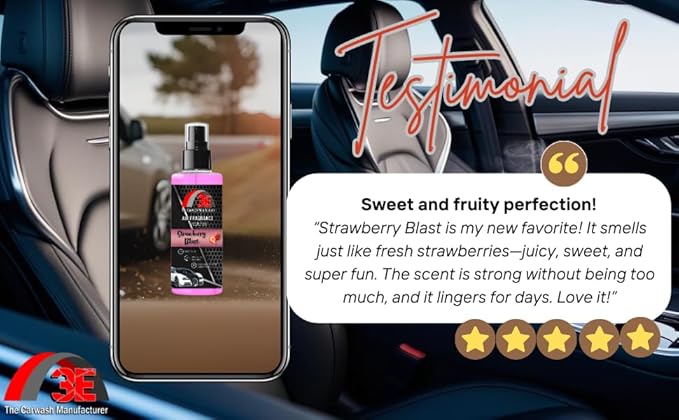 3E Car Air Freshener Premium Strawberry Scent 16 fl oz – Professional Automotive Air Freshener & Odor Eliminator, Long-Lasting Interior Fragrance for Cars, Trucks, SUVs, RV, Home & Office (STRAWBERRY)