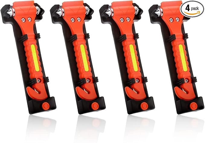 SINSEN Car Safety Hammer, Window Glass Hammer Breaker and Seat Belt Cutter Emergency Escape Tool Auto Car Escape 2-in-1 for Family Rescue & Automotive Escape Tools, Reflective Tape, Set of 4 (T-04)