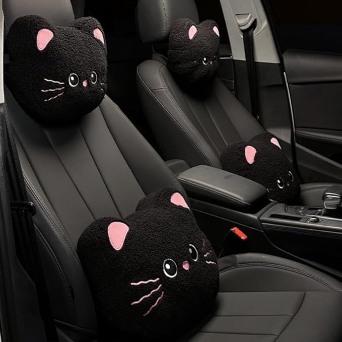 Cute Plush Black Cat Car Seat Headrest and Lumbar Support Pillow Set, Soft Neck Cushion for Driving Comfort, Set of 2