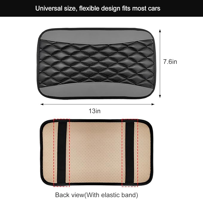 Car Center Console Cushion Pad, 12.6 × 7.48 Inches Waterproof Car Armrest Seat Box Cover, PU Leather Armrest Cover Protector for Most Vehicle, Universal Car Interior Accessories (Black+Gray)