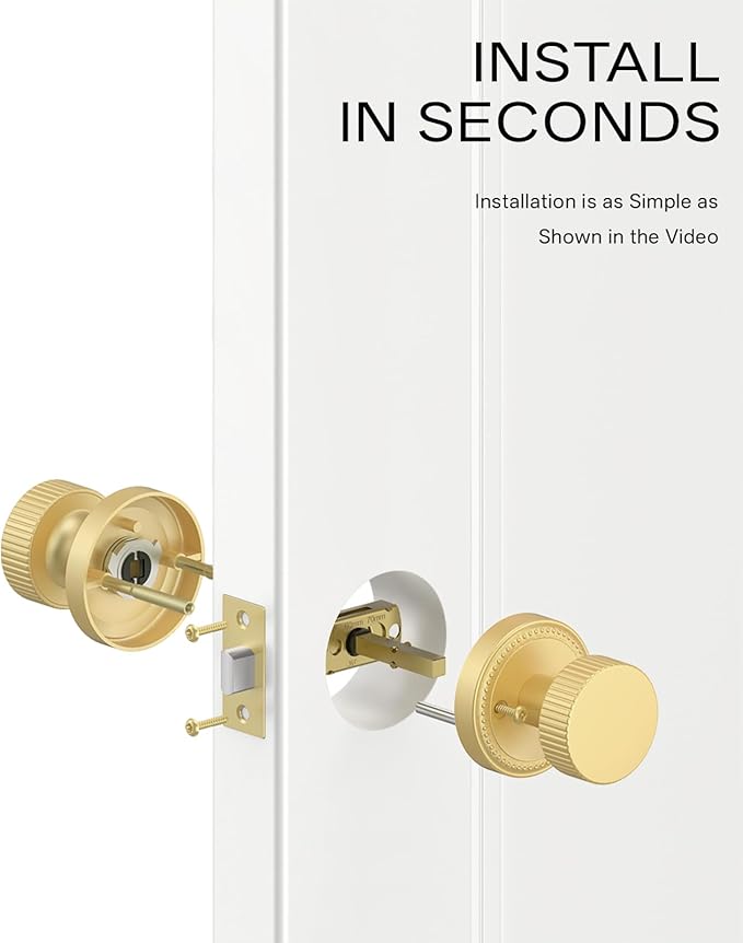 Asidrama 1 Pack Passage Gold Door Knob with Lock. Brush Gold Door Knobs Interior for Bedroom or Bathroom, Heavy Duty Door Handle for Left Right Sided Doors