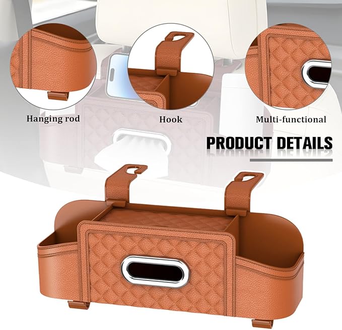 Car Backseat Organizer, 4-in-1 Multifunctional Vehicle Seat Back Tissue Box with Cup Holder & Hook, Auto Backseat Hanging Storage Box for Bag Phone Drink, Universal for Vehicles (Orange)