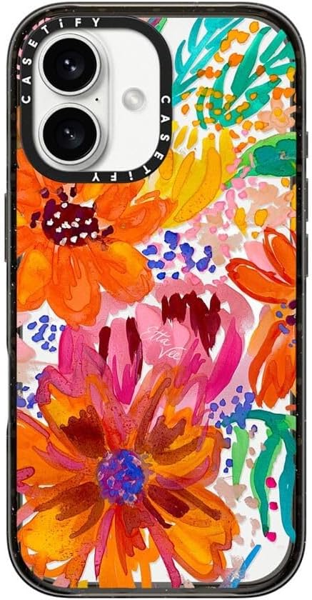 CASETiFY Impact Case for iPhone 16 [Slim / 8.2 ft. 4X Military Grade Drop Protection/Compatible with Magsafe] - EttaVee Watercolor Fleurs - Clear Black