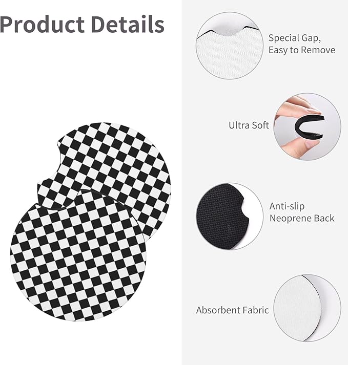 Black and White Checkered Steering Wheel Cover Wheel Cover Anti-Slip Breathable Universal for 15 Inch Car Steering Wheel Cover with 2 Pieces Car Coasters Suitable for Men Women