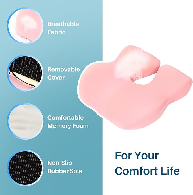 Memory Foam Car Seat Cushion for Driving, Sciatica Pain Relief, Wedge Truck Seat Cushion for Long Sitting, Adult Booster Cushion for Car, Truck, Desk, or Wheelchair (Pink)