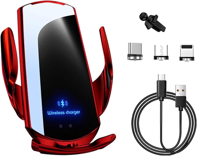 Ohleats Wireless Car Charger Mount, 15W Automotive Electric Wireless Charger Holder, Car Air Vent Mount Bracket Fast Charging for Most Smartphone, Universal Car Accessories (Red)
