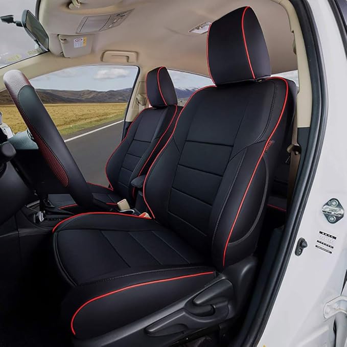 EKR Camry Seat Cover for Toyota Camry L LE XLE 2012 2013 2014 2015 2016 2017 (Not for Hybrid) Leather Car Seat Cover Full Set for Trucks SUV-Faux Leather (Black with Red Trim)