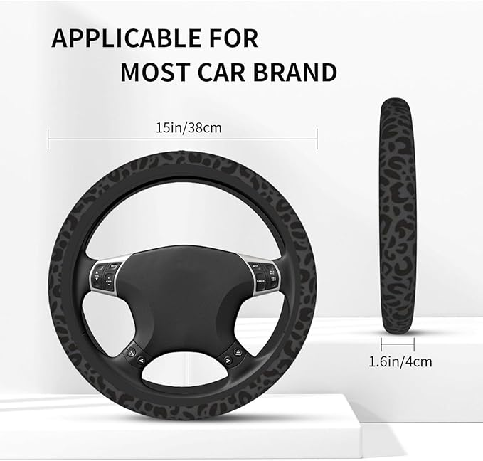 Black Leopard Print Steering Wheel Covern Cheetah Animal Print Steering Wheel Cover Anti-Slip Breathable Universal for 15 Inch Car Steering Suitable for Men Women,with 2 Pieces Car Coasters