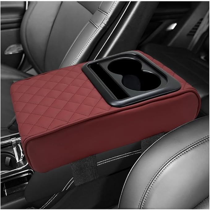 Car Center Console Armrest Pillow, 14"×8.3" Waterproof Leather Armrest Box Cover with Cup and Phone Holder, Soft Memory Foam Arm Rest Console Pad Protector for SUV Truck (Wine Red, Embroidery)