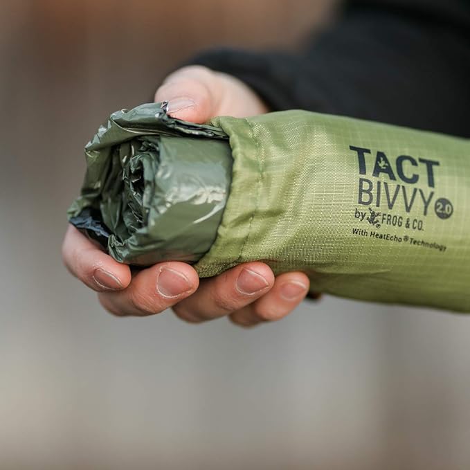 Survival Frog Tact Bivvy 2.0 Emergency Sleeping Bag with Stuff Sack, Carabiner & Survival Whistle – Compact, Lightweight, Waterproof, Reusable Thermal Bivy Sack Shelter Kit