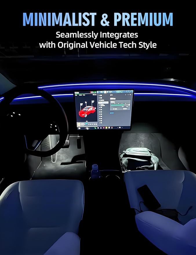 Ambient Light with Blind Spot Warning LED Compatible for Tesla Model Y (2020-2024) & 3 (2022-2023) AMD Interior Lights Strip 3.77ft for Tesla Custom Color Modes Neon Light Kit Plug-and-Play