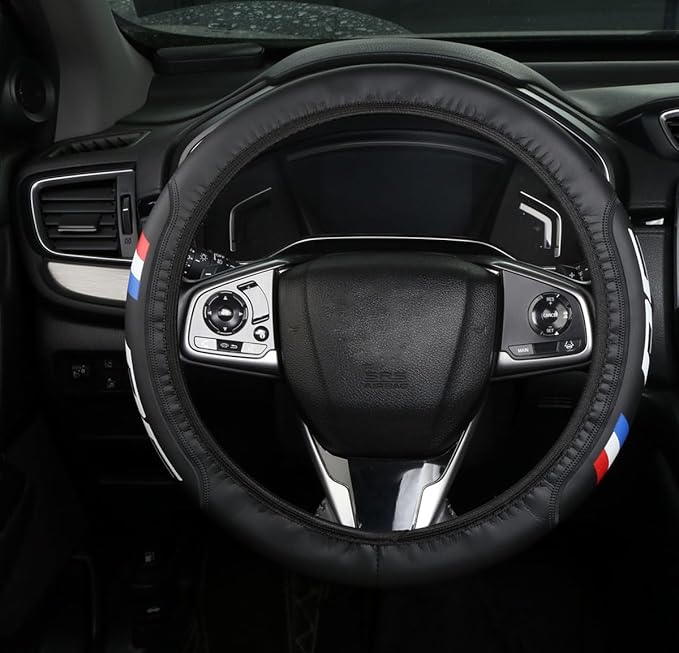 Black Leather Steering Wheel Cover,Elastic Breathable Design,Universal 14-15 Inch Compatible with Chevy RS Camaro Equinox Blazer Car Accessories