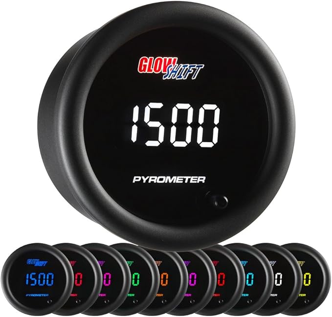 GlowShift 10 Color Digital 2200F Pyrometer Exhaust Gas Temp Gauge Kit - Includes 1/8-27 NPT Type K EGT Probe & Wiring - Multi-Color LED Display - Tinted Lens - for Car & Truck - 2-1/16" (52mm)