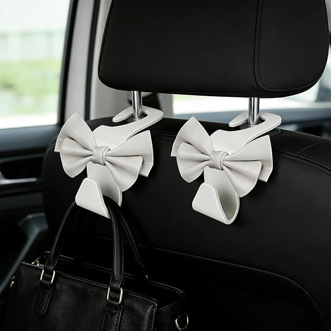 2PCS Cute Bow Car Seat Headrest Hook, Multifunctional Backseat Storage Hanger for Purse Handbag Coat, Automotive Seat Back Bag Holder Organizer, Universal for SUV RV Truck (White)