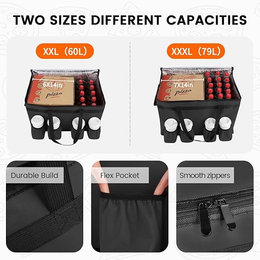 CIVJET Insulated Food Delivery Bag with 4 Cup Holders, XXX-Large Grocery Bags Keep Food Hot/Cold, Catering Cooler Bags with Drink Carrier, Commercial Food Warmer for Transport & Shopping, Black