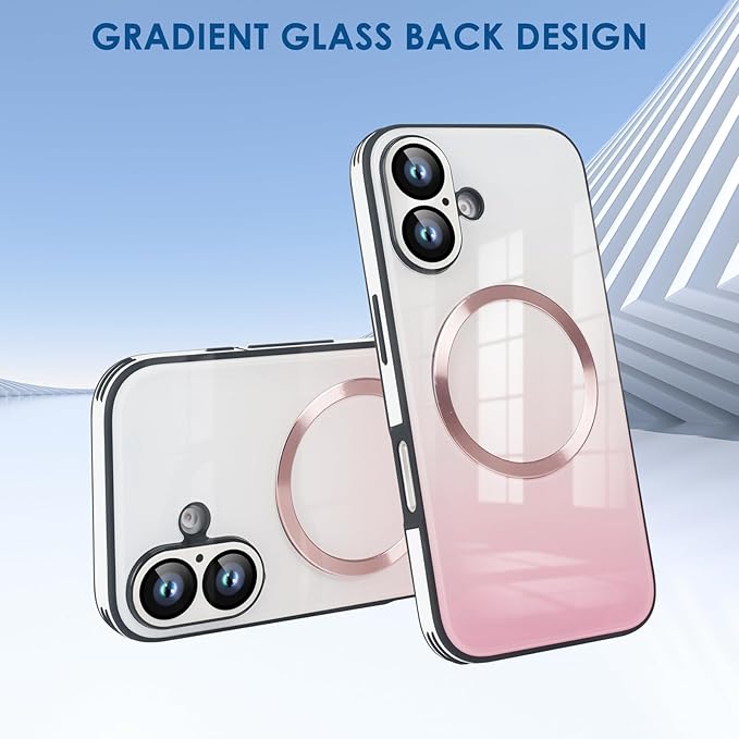 Guppy Compatible with iPhone 16 Case Magnetic, with Full Camera Lens Protector [Compatible with MagSafe] Scratch Resistant Gradient Glass Back Cover Phone Case-Pink