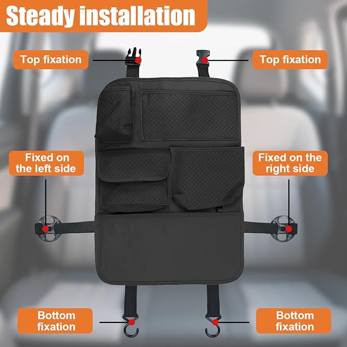 Car Backseat Organizer, Leather Auto Seat Back Kick Mats Protector, Multi-Pocket Car Rear Seat Hanging Storage Bag with Tissue Holder, Travel Accessories for Most Cars SUV Truck(Black)
