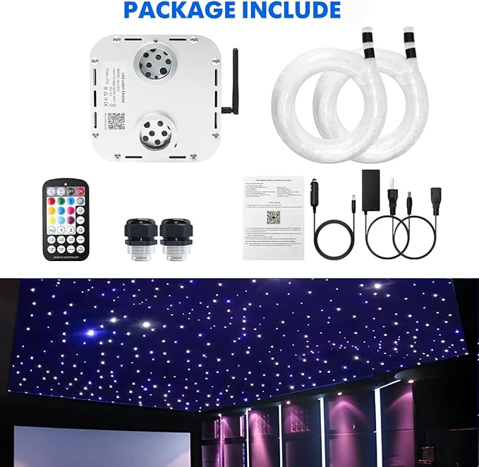 AMKI High Brightness Dual Color 32W Twinkle 2300pcs 0.03in 16.4ft Fiber Optic Starlight Headliner Kits RGBW Sound Activated APP/Remote Control Light Box for Movie Theater Home Ceiling Decor