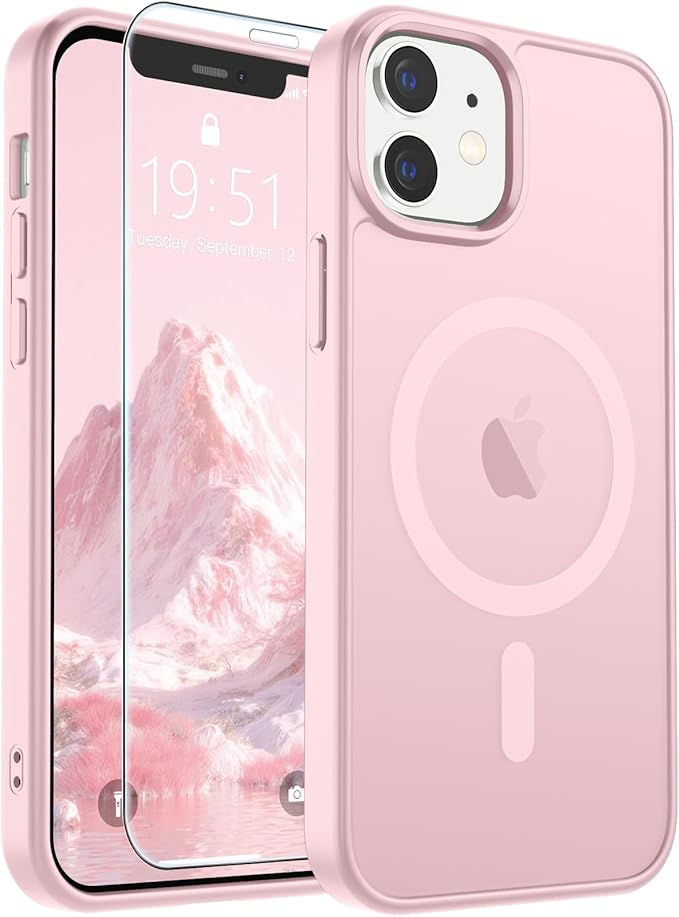 SUPFINE Magnetic for iPhone 12 Case/iPhone 12 Pro Case with Screen Protector (Compatible with MagSafe)(Military Grade Drop Protection) Translucent Matte Shockproof Phone Cover,Light Pink