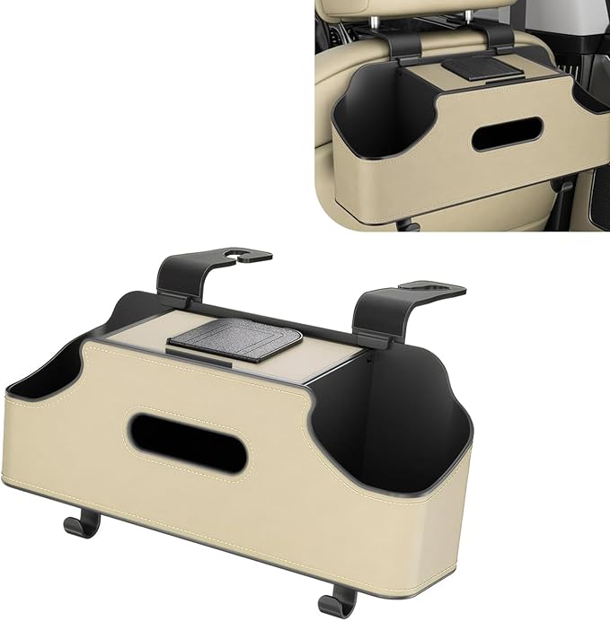Car Seat Back Organizer, Multi-functional Storage Box for Tissue Water Cup Phone Umbrella Bag, Strong Load-bearing 2 Hooks 2 Drink Cup Holders, Universal Hanging Interior for Cars (Beige)