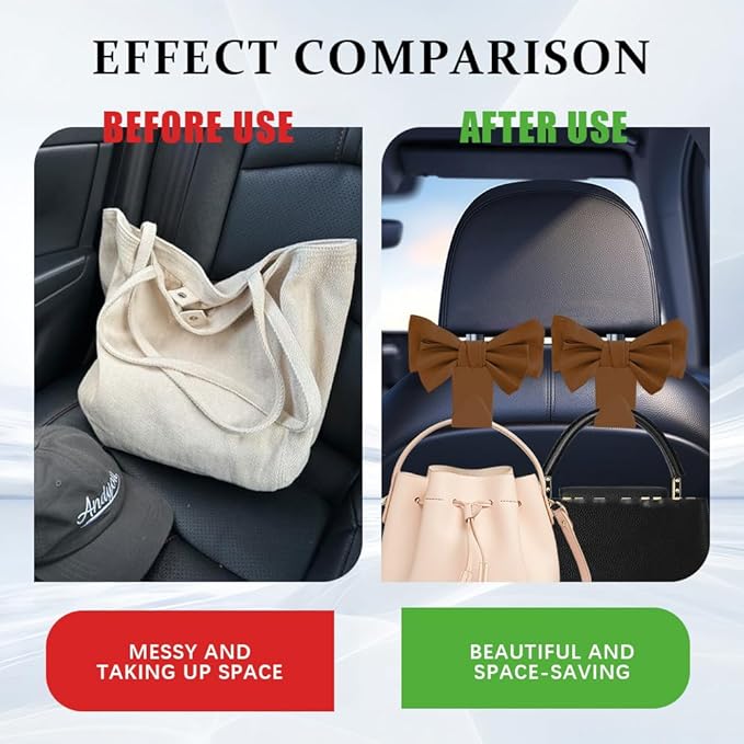2PCS Car Purse Hooks, Car Hooks for Purses and Bags Cute, Cute Bow Shaped Vehicle Backseat Storage Hanger, Auto Leather Bow Back Seat Storage Hanging Holder Universal for Women Girls (Brown)