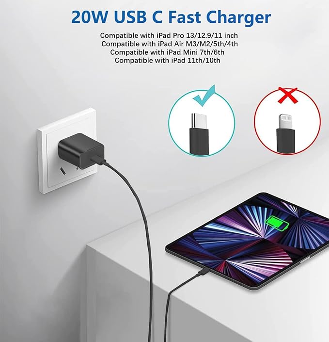 Fast iPad Charger,iPad Charger Fast Charging 2Pack Wall Chargers Plug Adapter and Type C USB C to C Cable Cord 6ft Type C to C for iPad Pro 12.9,Pro 11 inch,iPad Air 5th/4th,Mini 6,i-Pad 10(Black)