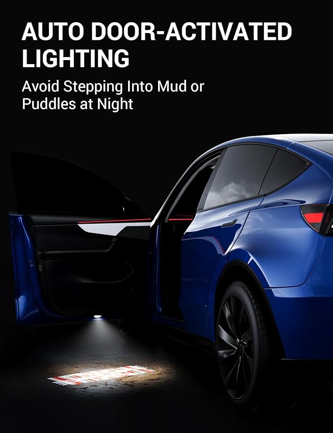 Motrobe 4PCS Puddle Lights for Tesla Model Y Juniper 2025 2026 Model 3 Highland 2024-2026 4K HD Ultra-Bright Cyber-Stripe Projection Door Lights No Error Code Never Fade Tesla Accessories