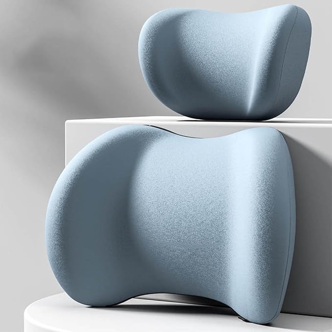 Car Headrest & Lumbar Support Cushion, Ergonomic Car Seat Headrest & Lumbar Cushion with Adjustable Strap for Neck Back Pain Relief, Memory Foam & Breathable Car Head Lumbar Rest Set (Blue)