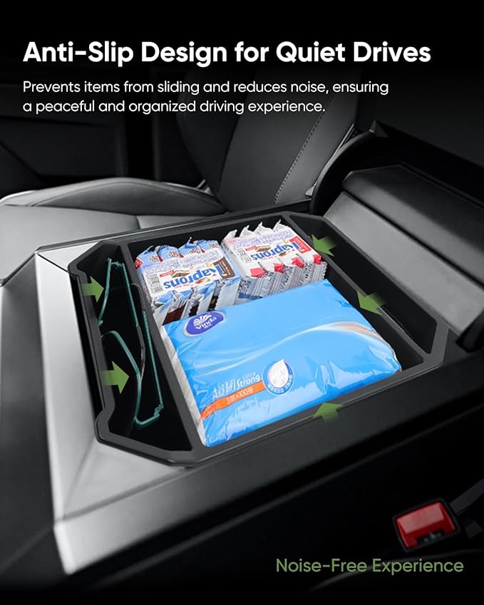2024-2025 Tesla Cybertruck Center Console Organizer Tray | Custom-Fit Armrest Storage Box | Premium TPE Material, Reserved USB Port, Anti-Slip Design, Easy Installation