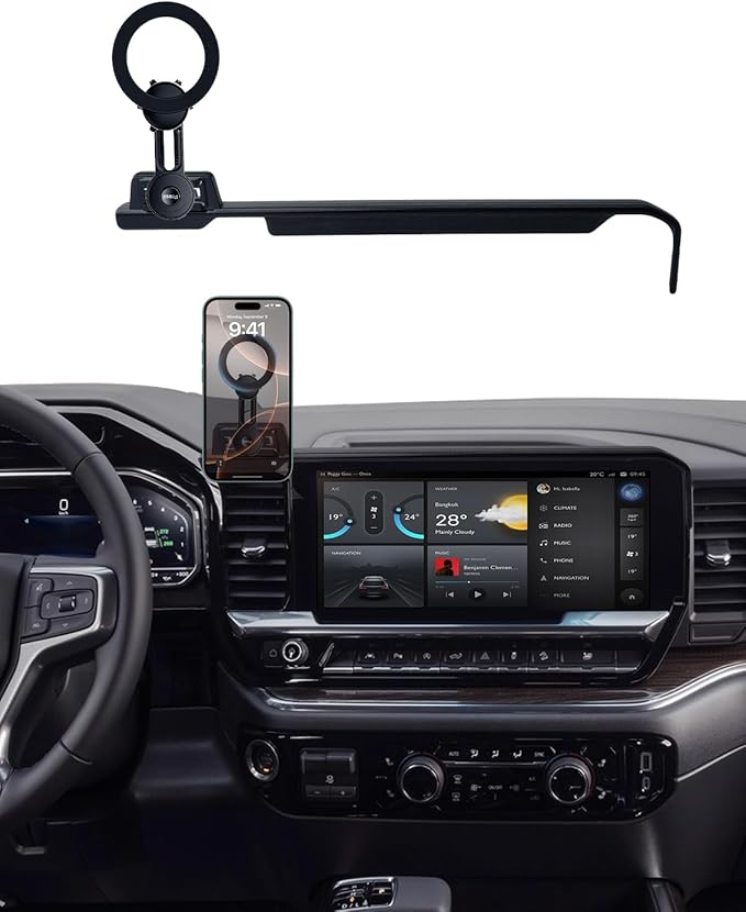 PZK Car Phone Holder for Chevy Silverado 1500/GMC Sierra 1500 2022 2023 2024 2025 2026 Accessories 13.4-Inch Screen Compatible with MagSafe Chevy Phone Mount with 360° Rotating Extension Rod