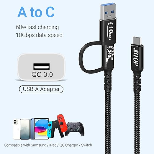 Android Auto A to C Cable 1ft [2Pack],2-in-1 USB C 3.1 Gen 2 Fast Charge & Data Transfer USB CarPlay Cable, Compatible with iPhone 16 15 Pro Max, Galaxy S23, Pixel 9 Pro XL