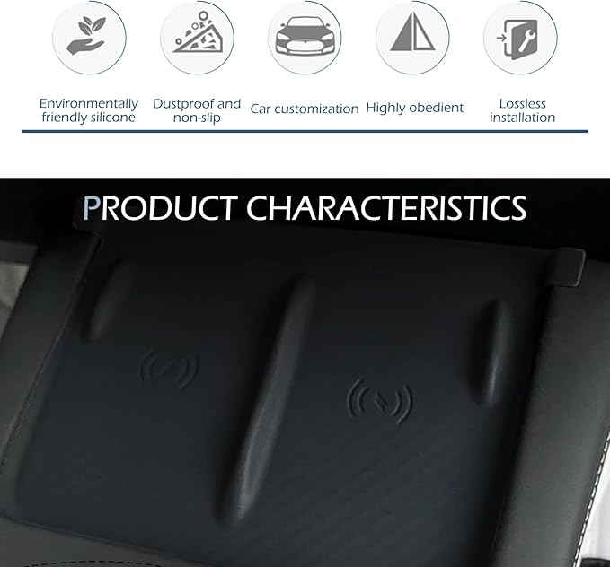 Car Central Control Wireless Charging Mat, Anti-Slip Waterproof Center Console Silicone Pad, Dustproof Phone Charging Protection Mat, Compatible with 2021-2025 Te-sla Model Y/3 (Black)