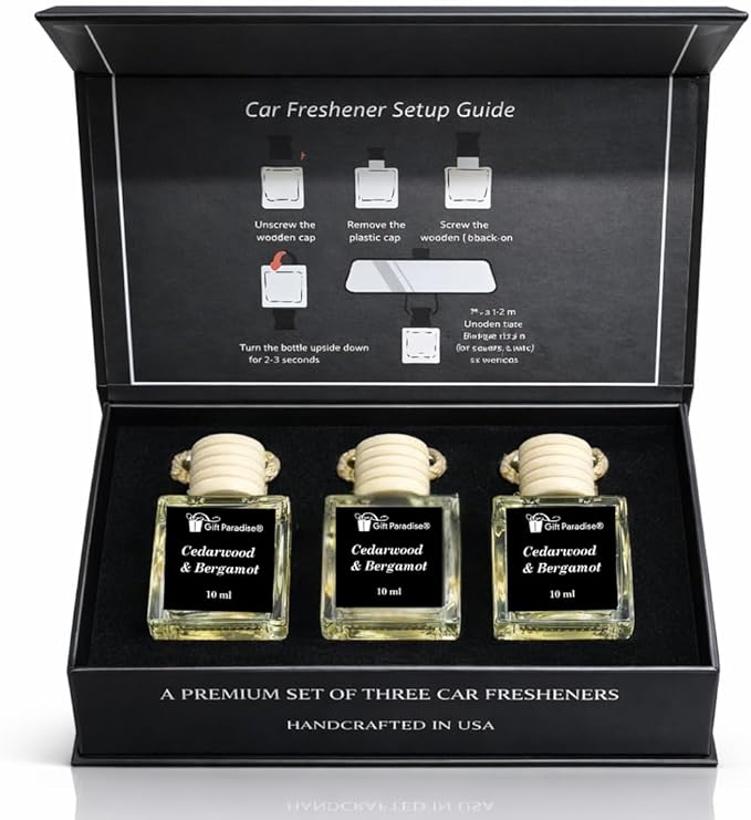 Gift Paradise® Cedarwood & Bergamot Car Air Freshener Set of 3, 10 ml Hanging Diffuser Bottles with Wooden Caps, Magnetic Gift Box, Woody Citrus Car Fragrance