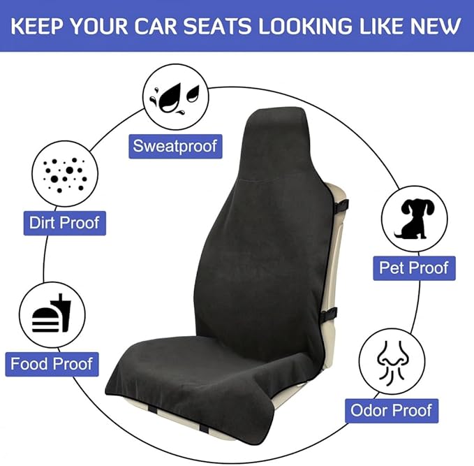 Car Seat Covers, 2PCS Premium Auto Seat Towel Fit Cars SUV Trucks, Ideal Gift for Active People Who Work Sweat Swim Run Beach, Black