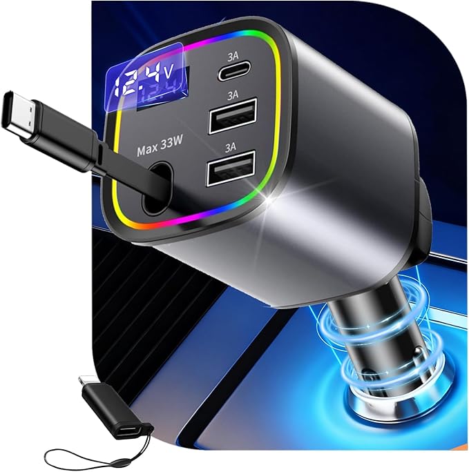 Car Charger USB C - Cigarette Lighter Adapter 78W Fast Retractable Car Charger for iPhone 17 16 pro max 15 14 13 12 Android, 4 in1 Phone Charger with C Cable & Lights for Cars, Car Accessories Gift