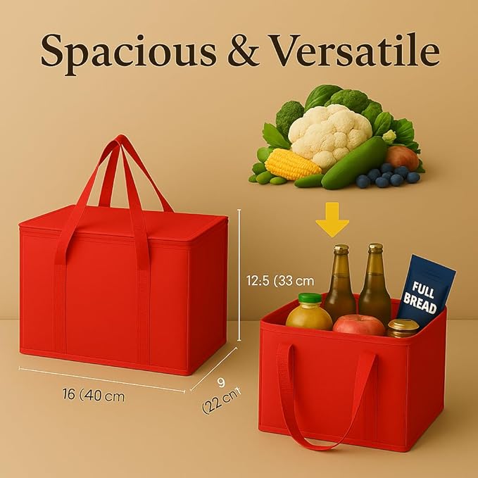 musbus 2-Pack XL-Large Insulated Grocery Shopping Bags, Red, Reusable, Heavy Duty, Zipped Zipper,Collapsible,Tote,Cooler,Groceries,for car,Recycled Material Warm Foldable Bag…