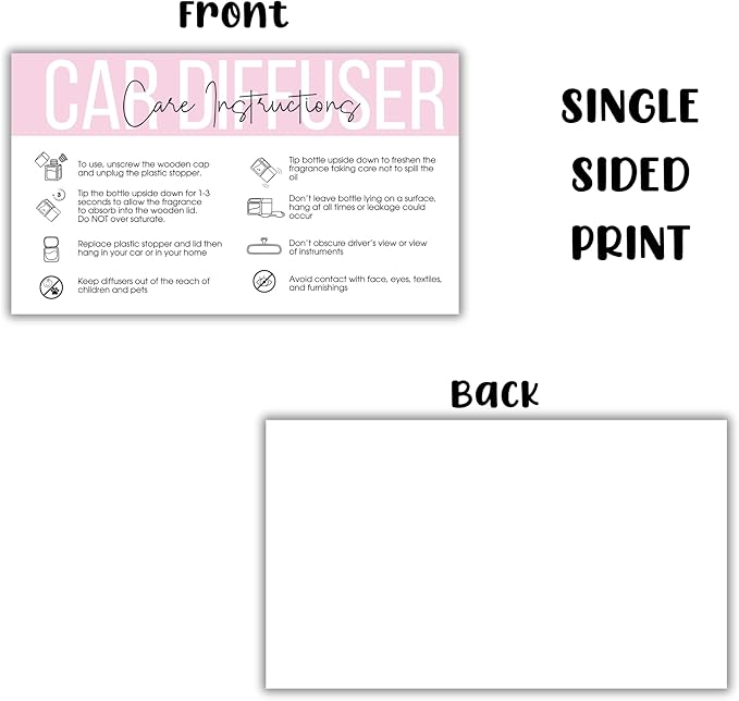 Car Oil Freshie Diffuser Care Freshie Instructions Cards | 50 pk 3.5x2” Hanging Oil Wood Top Aroma Air Freshener DIY Bulk Package Inserts Warning Labels Pink