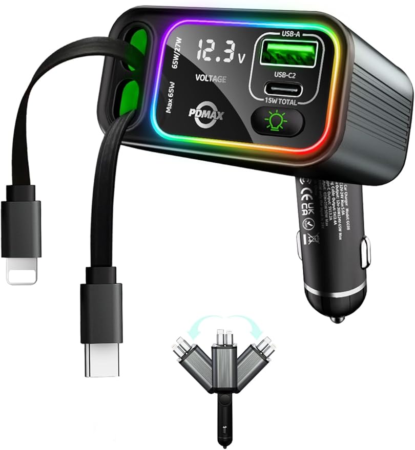 Retractable Car Charger USB C,107W Type C Car Charger Fast Charging with Dual Retractable Cable and USB Ports for iPhone 17/16/15,S25/24/23, Pixel 9/8/7(Build-in USB-C & Lightning Cable)