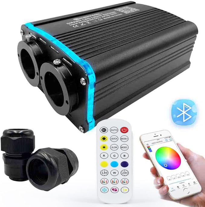 GIDERWEL Smart APP LED Fiber Optic Lights Engine Driver Dual Port RGBW,Bluetooth Color Changing Fiber Optic Star Ceiling Light Source with RF Remote Control for All Kinds of Fiber Optics Cable