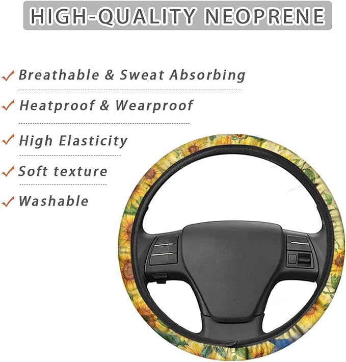AFPANQZ Car Steering Wheel Covers 14-15" inch Universal Fit Most Car Sedans SUVs, Sunflower Print Comfortable Handmade Breathable Steering Wheel Protector