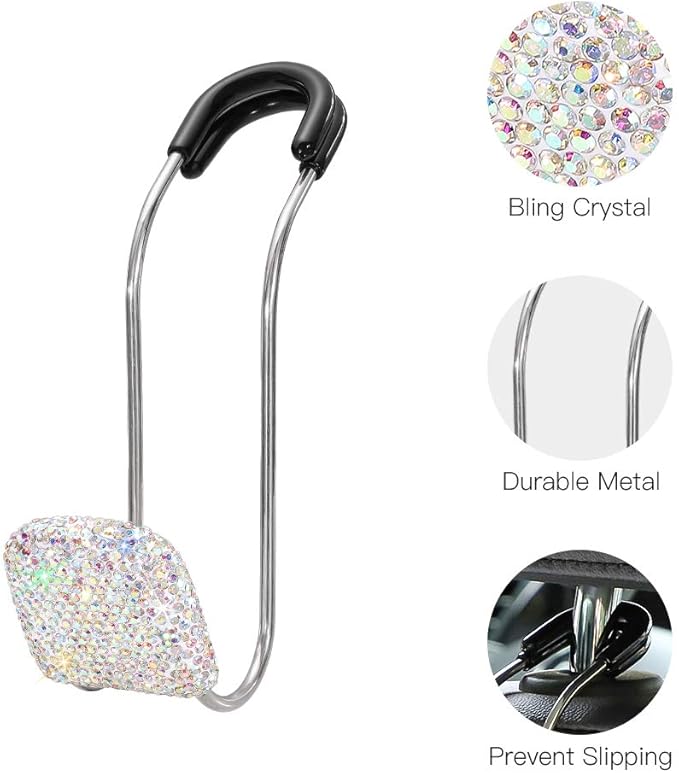 SAVORI Car Headrest Hooks Bling Car Accessories Rhinestones Universal Auto Back Seat Headrest Metal Hanger Organizer Vehicle Holder for Bag Purse Clothes Grocery 2PCS (AB)