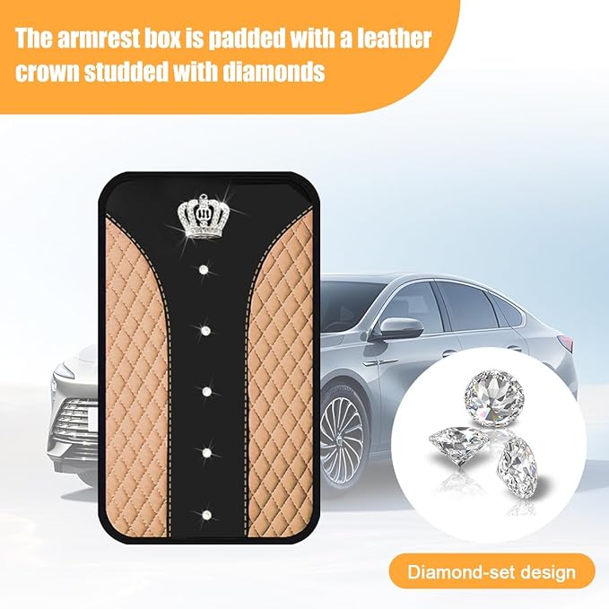 Bling Car Center Console Cover, Crown Crystal Rhinestones Vehicle Armrest Mat Protector, Anti Slip Sparkling Automotive Arm Rest Seat Box Cushion Pad Decor Accessories, Universal Fit (Beige)