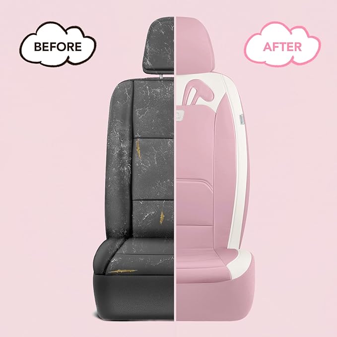 PIC AUTO Car Seat Covers, Cute Rabbit Premium Pink Leather Seat Covers, Universal Fit Front Seat Covers for Cars, Trucks, SUVs, Soft & Wear-Resistant Auto Interior Protection with Airbag-Compatible