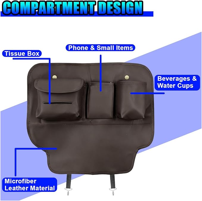 Leather Car Seat Back Organizer, Waterproof Car Seat Kick Mat with Cup Holder, Multifunctional Backseat Storage Bag, Universal Auto Travel Seats Protector Accessories for SUV Truck (Brown)