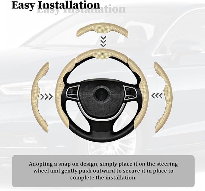 3PCS Car Steering Wheel Cover, Nappa Leather Breathable Non-Slip Segmented Steering Wheel Protector, Snap-on Auto Interior Decoration Accessories, Universal Fit (Beige)