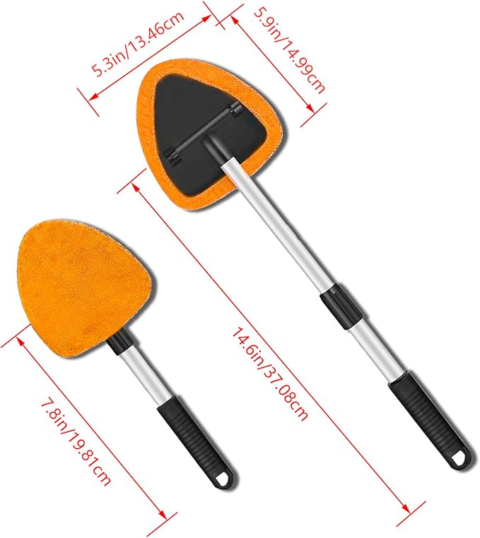 Windshield Cleaner Tool - Portable Car Interior Window Cleaning Kit with Extendable Handle, 4 Microfiber Towel Pads, Auto Glass Wiper for Windshield, Universal for RV, SUV, Truck (Orange)