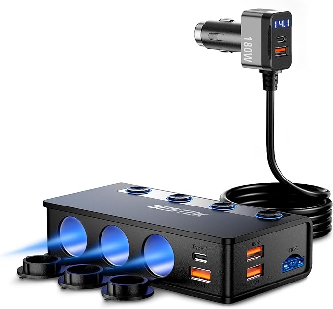 BESTEK 180W Cigarette Lighter Splitter, 3-Socket Car Cigarette Lighter with PD36W/65W and QC3.0 18W Ports, Cigarette Lighter Adapter, LED Voltage Display for Dash Cam, GPS, iPad/Laptop/Phone