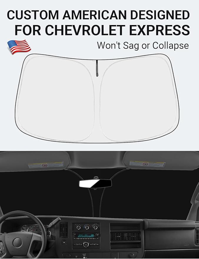 Proadsy Windshield Sun Shade Custom Fit 1996-2025 2026 Chevrolet Express Cargo Van, 1500, 3500, 4500 4-Layer Foldable Front Sunshade Protector Sun Visor Blocker Keep Car Cooler Accessories