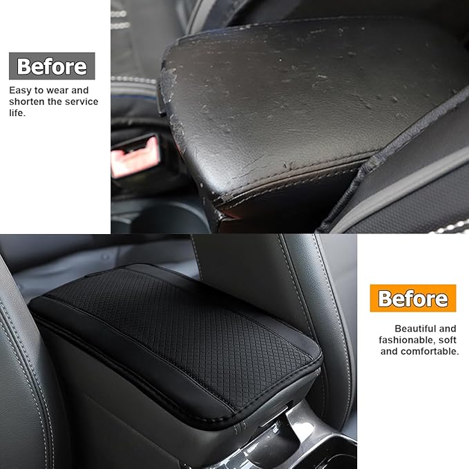 Car Armrest Seat Box Cover, Comfortable Leather Automotive Center Console Cushion Pad, Soft Waterproof Vehicle Arm Rest Protector Mat Accessories, Universal for RV, SUV, Truck (Black)